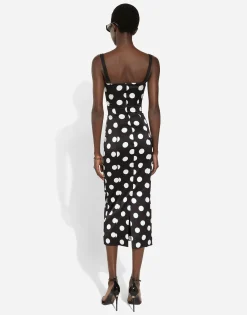 Satin midi dress with polka-dot print and corset details