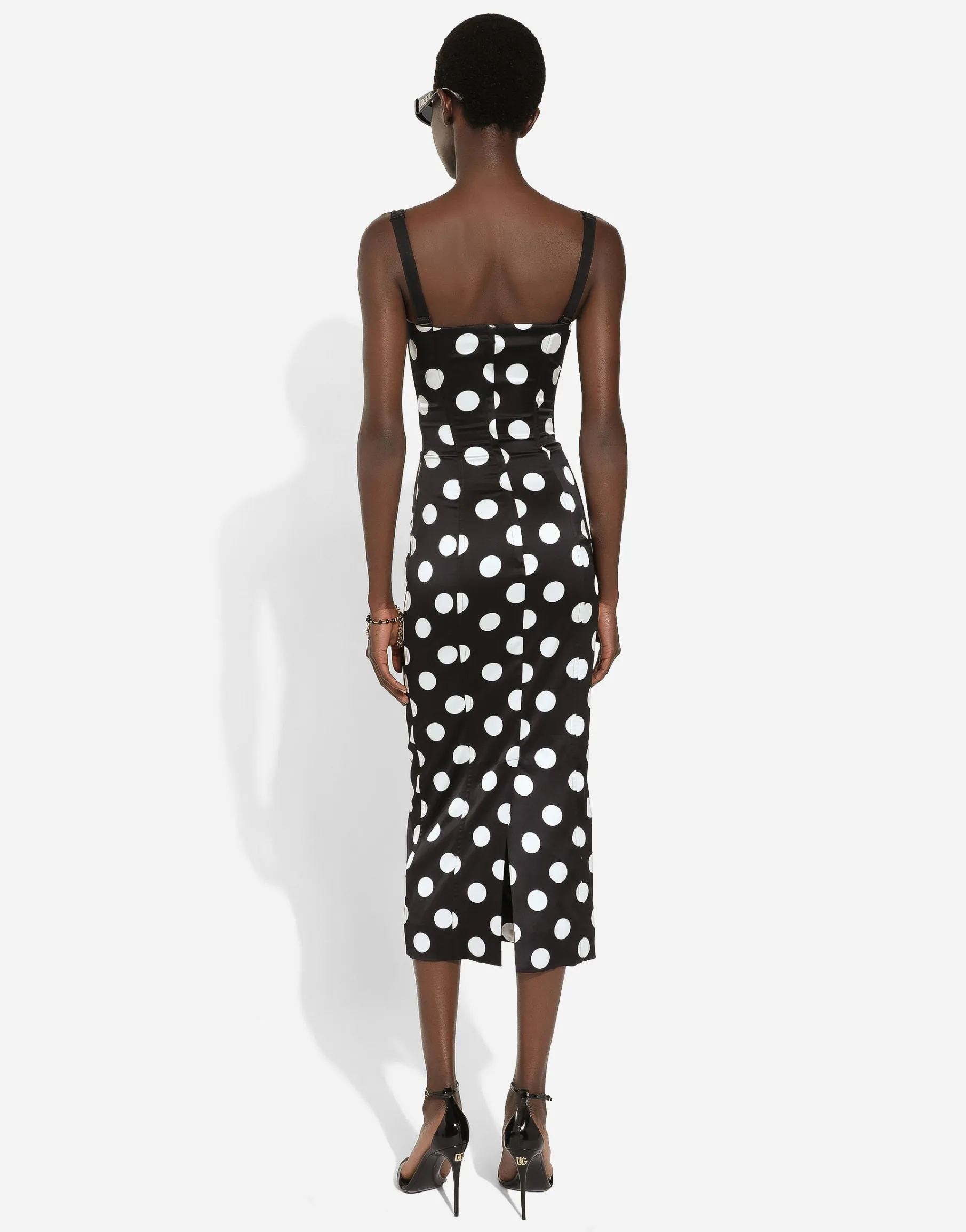 Satin midi dress with polka-dot print and corset details