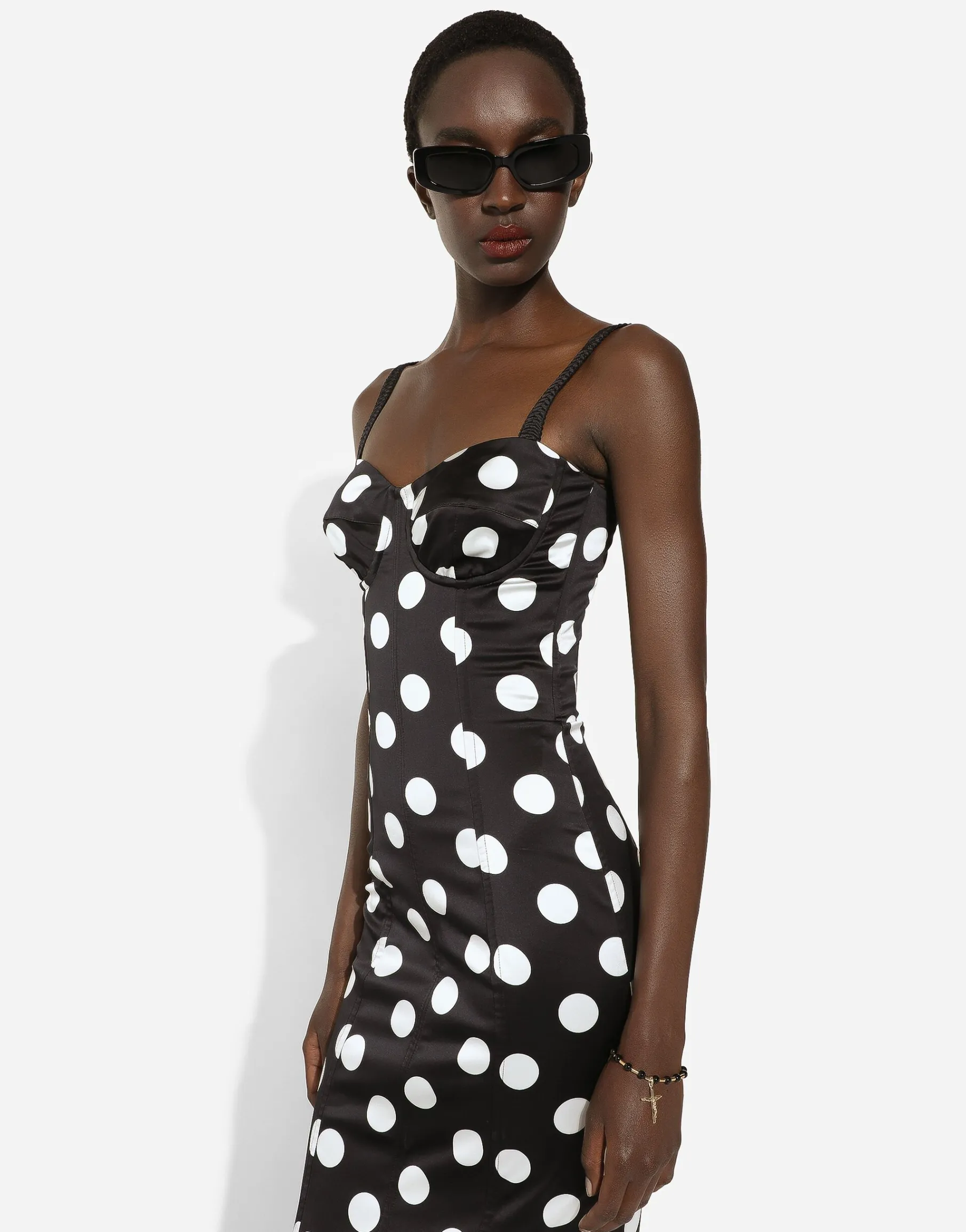 Satin midi dress with polka-dot print and corset details