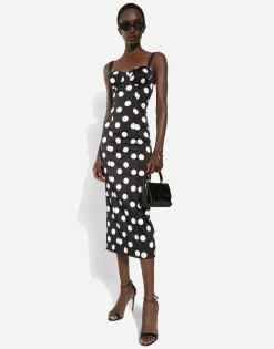 Satin midi dress with polka-dot print and corset details