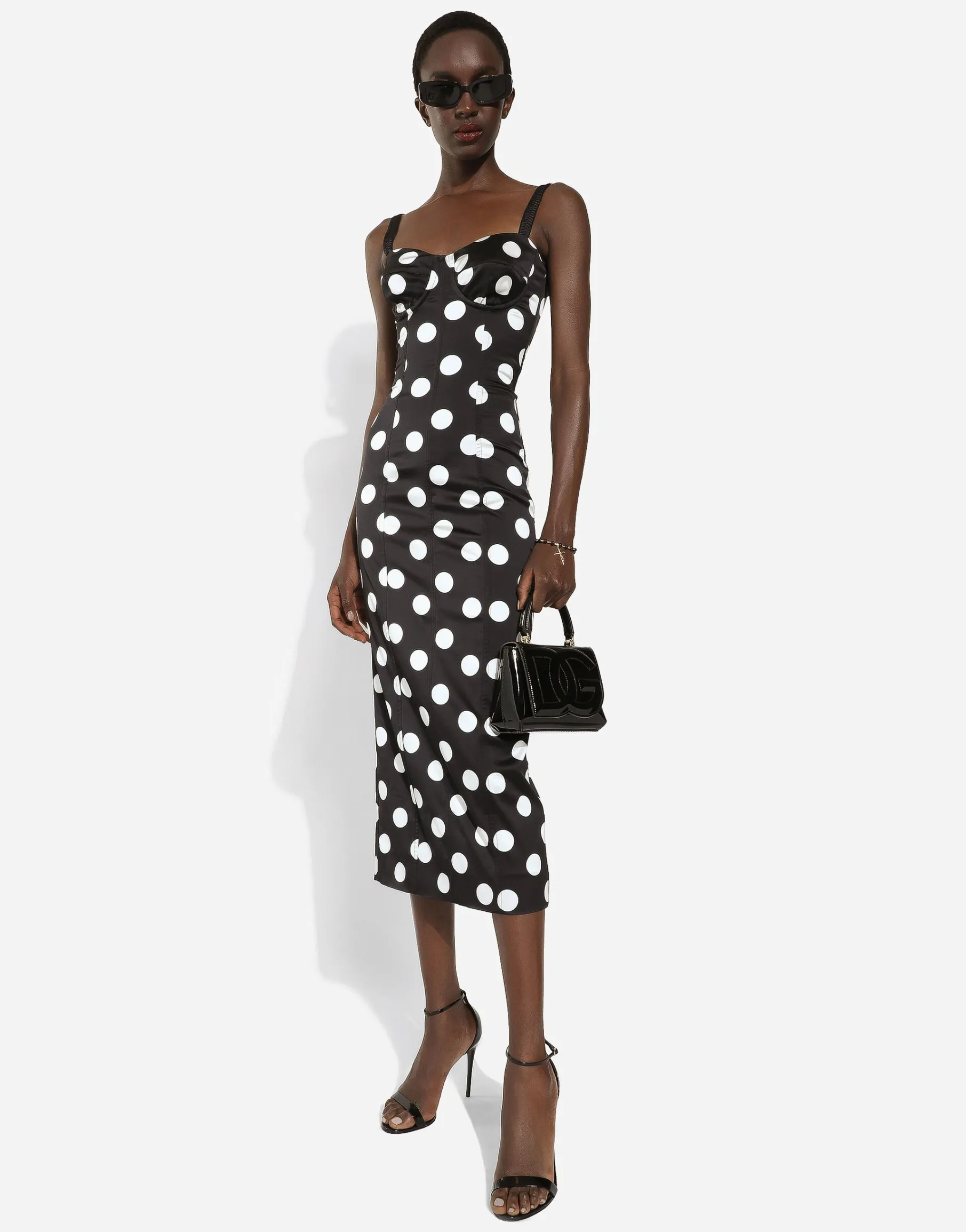 Satin midi dress with polka-dot print and corset details