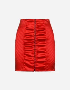 Satin miniskirt with hook-and-eye fastenings