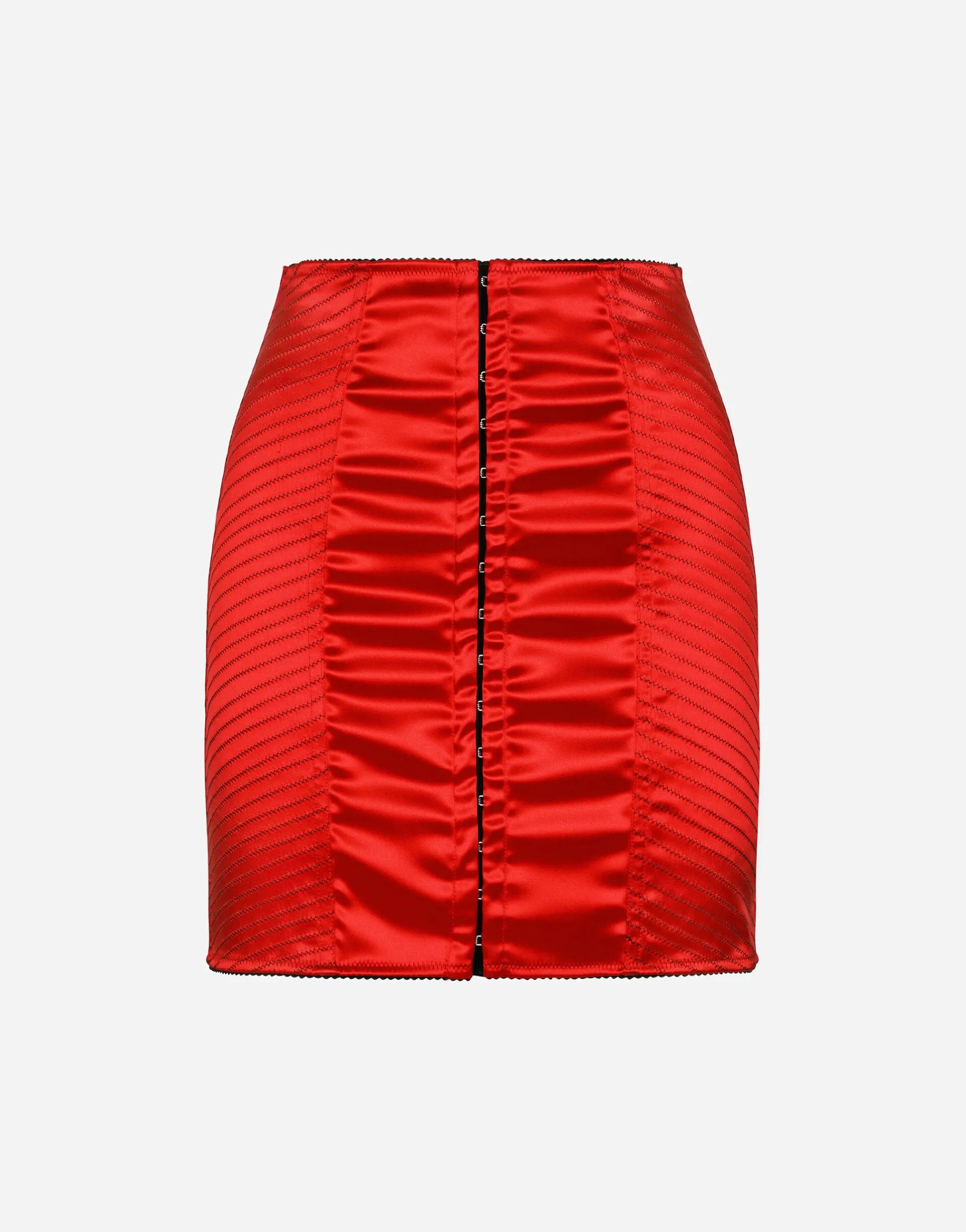 Satin miniskirt with hook-and-eye fastenings