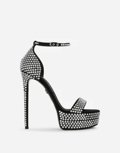 Satin platform sandals with fusible rhinestones