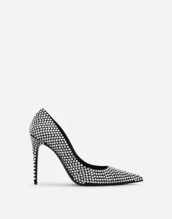 Satin pumps with fusible rhinestones