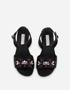 Satin sandals with multi-colored crystals