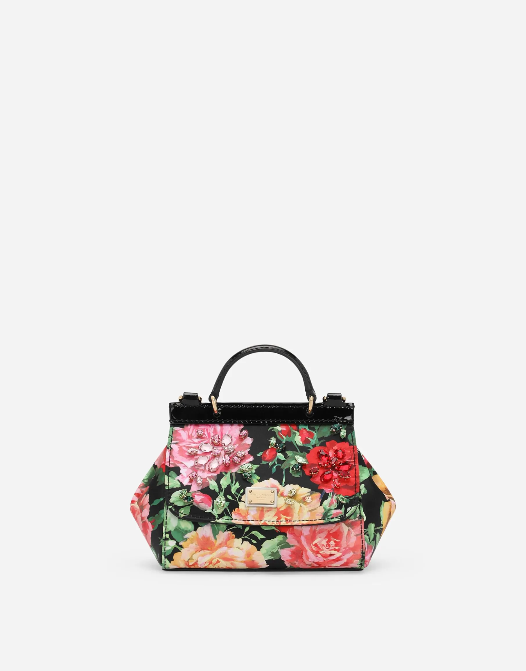 Satin Sicily bag with rose print on a black background