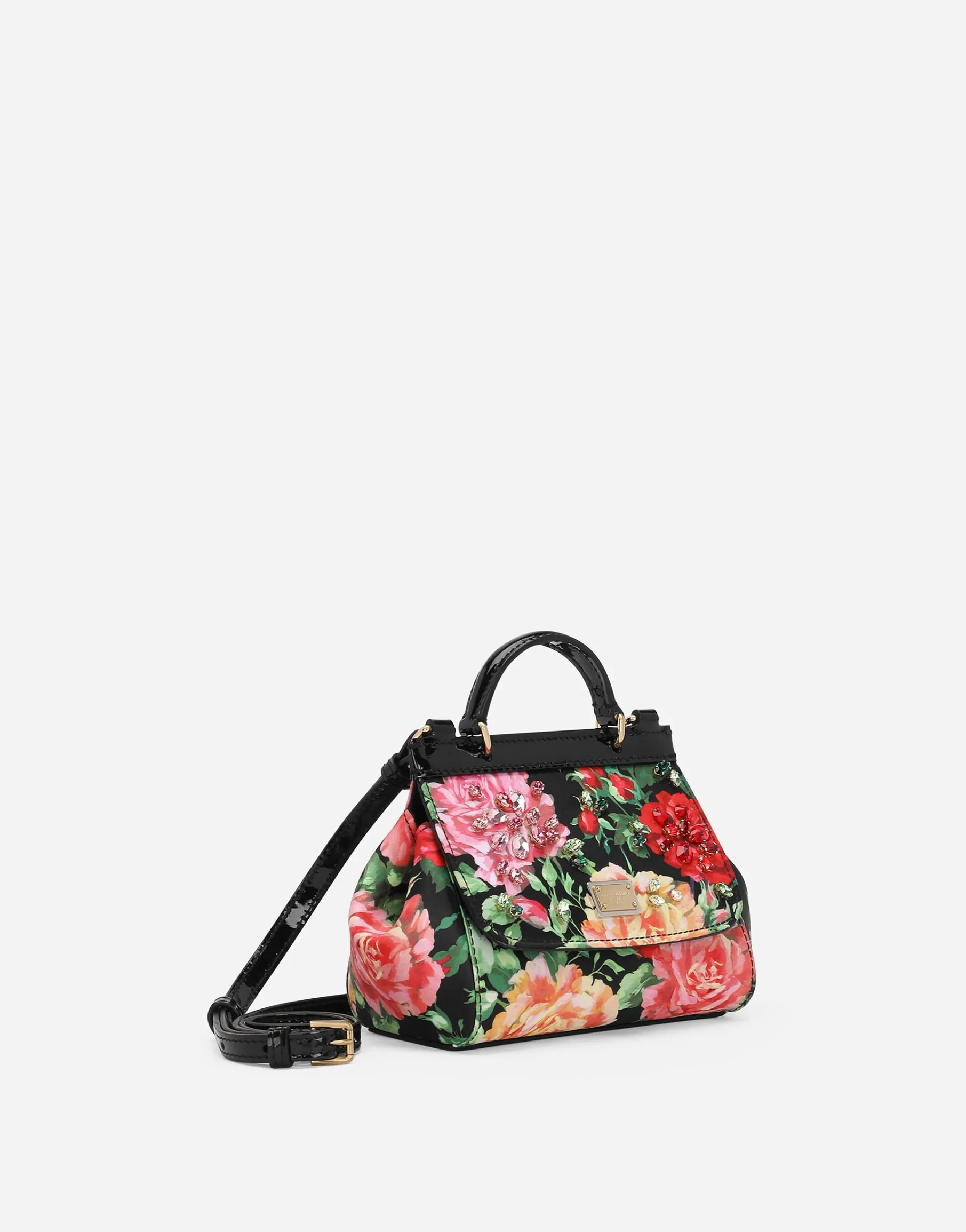 Satin Sicily bag with rose print on a black background
