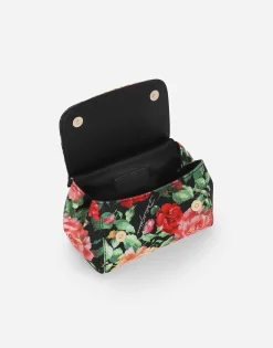Satin Sicily bag with rose print on a black background