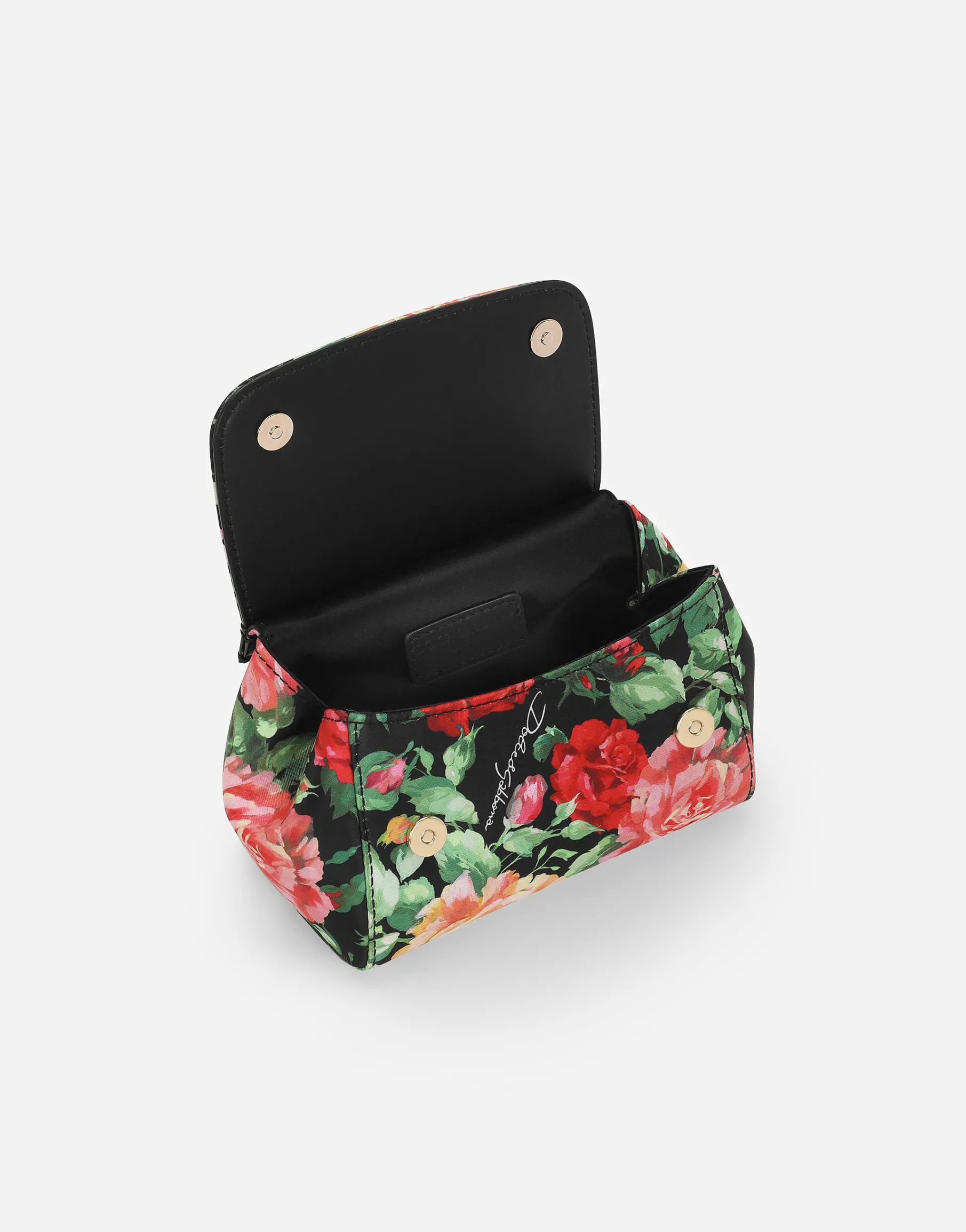 Satin Sicily bag with rose print on a black background