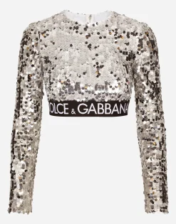 Sequined top with branded elastic