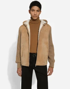 Sheepskin jacket with knit inserts and hood