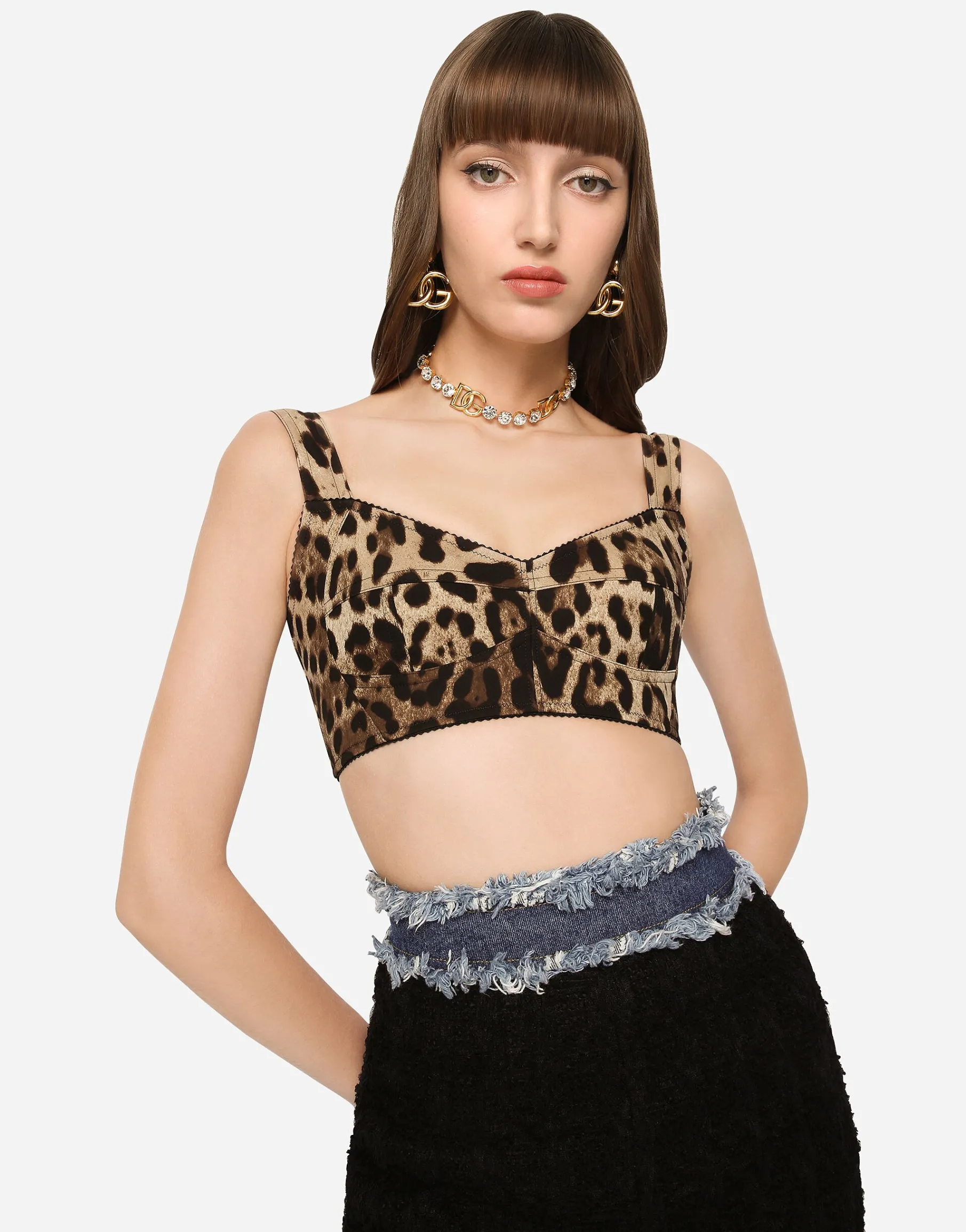 Short bustier top in charmeuse with leopard print