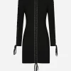 Short cady dress with laces and eyelets
