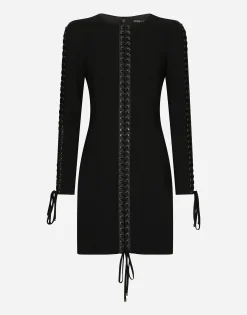 Short cady dress with laces and eyelets