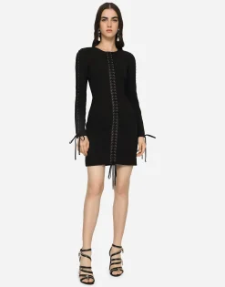 Short cady dress with laces and eyelets