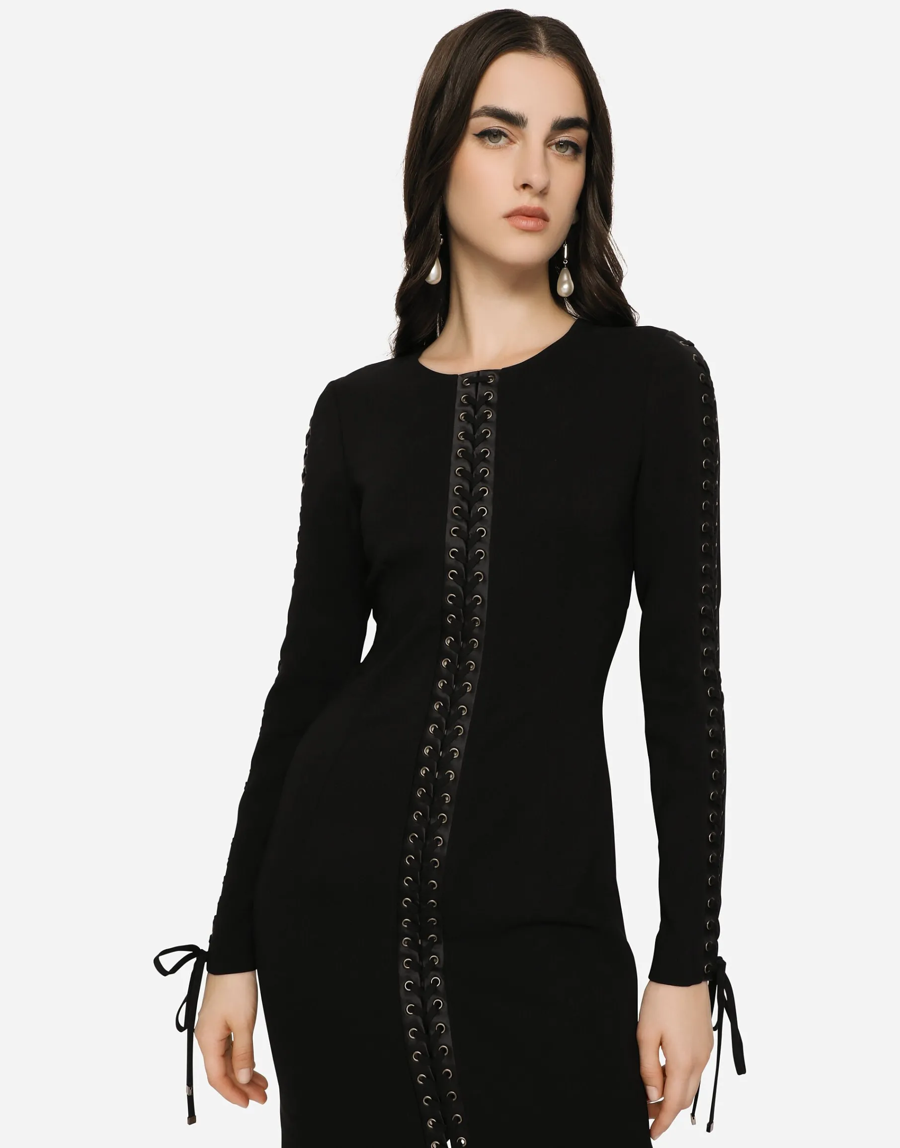Short cady dress with laces and eyelets