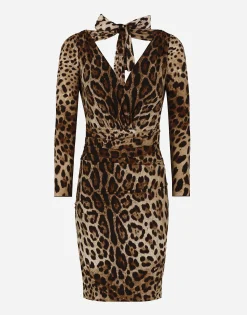 Short charmeuse dress with leopard print and tie