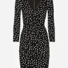 Short charmeuse dress with draped detailing and micro polka-dot print
