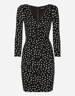 Short charmeuse dress with draped detailing and micro polka-dot print
