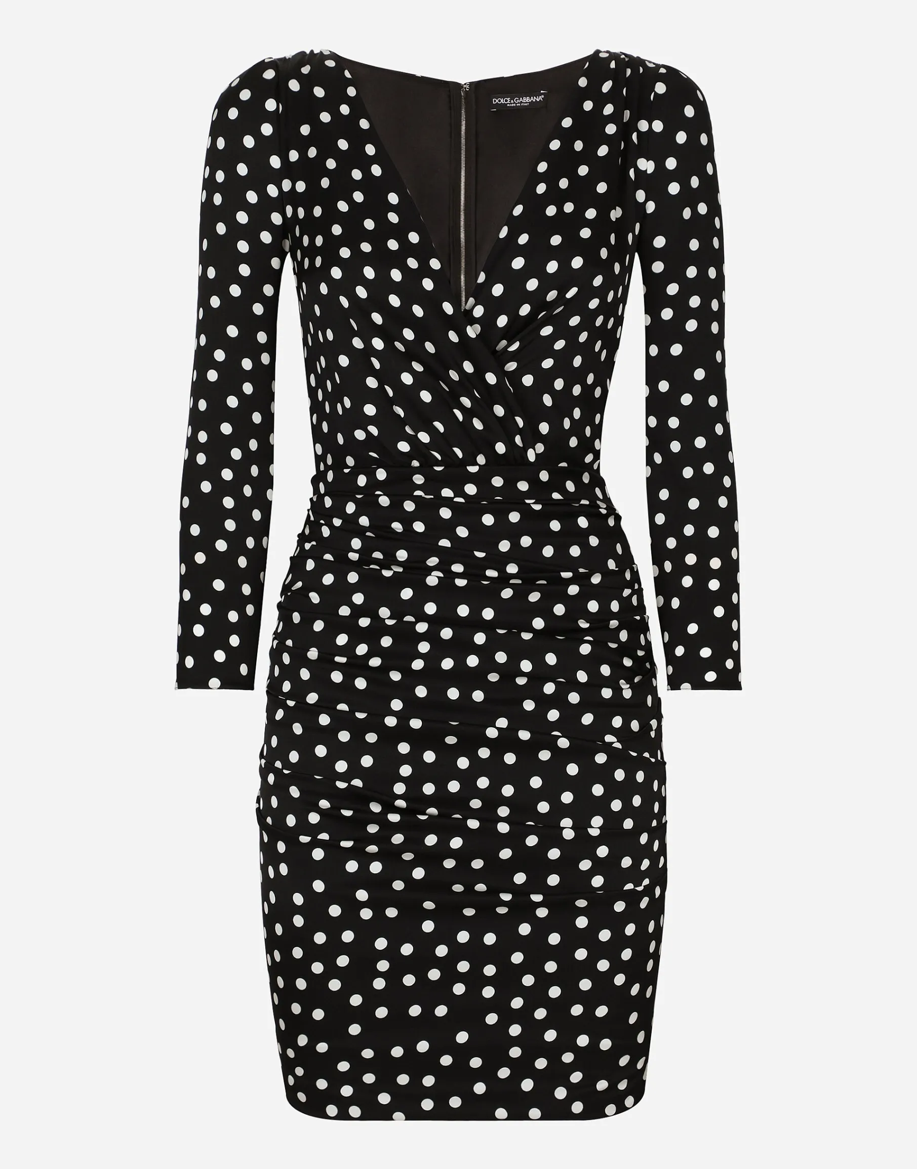 Short charmeuse dress with draped detailing and micro polka-dot print