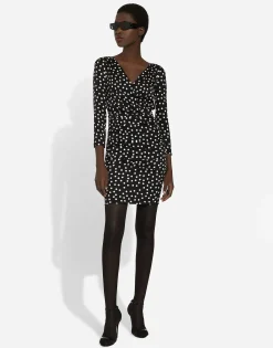 Short charmeuse dress with draped detailing and micro polka-dot print