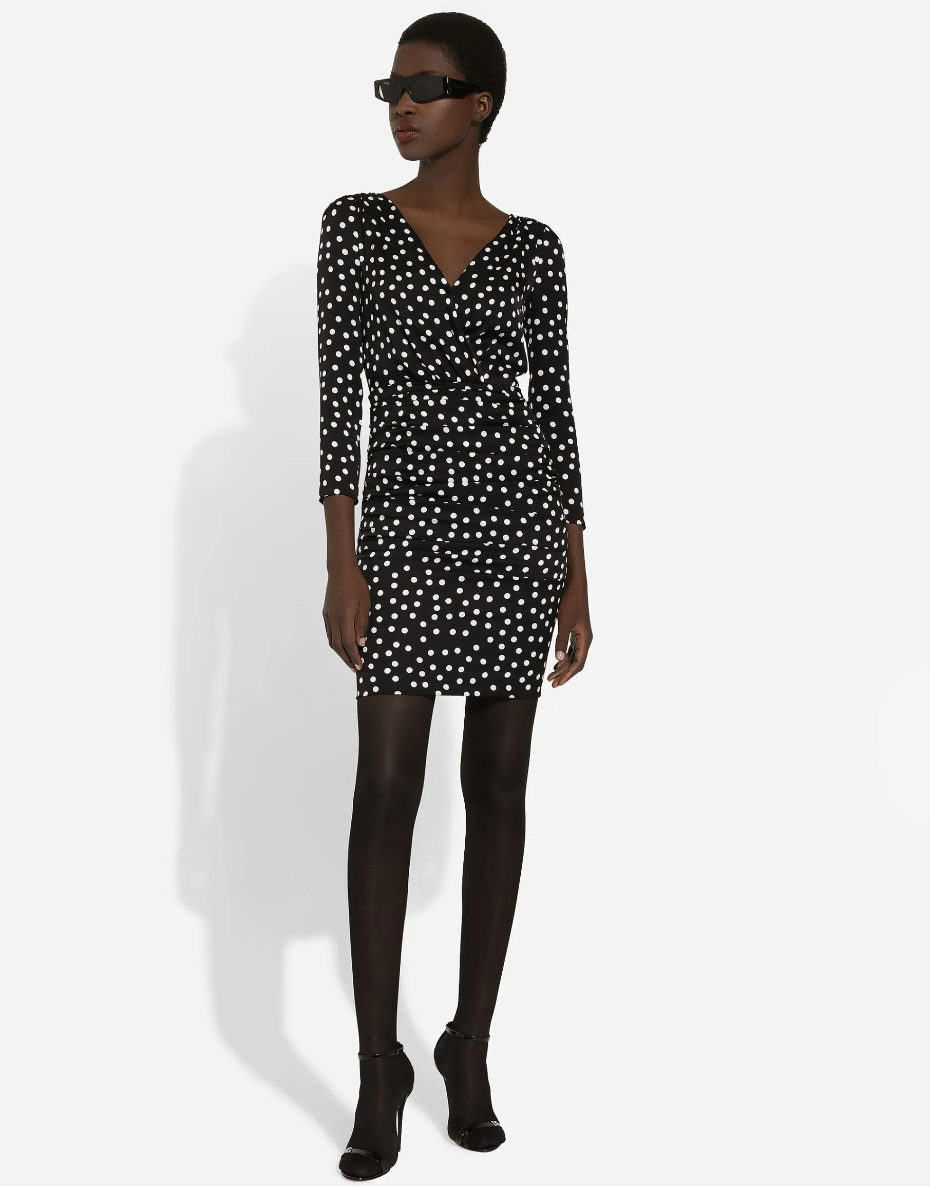 Short charmeuse dress with draped detailing and micro polka-dot print