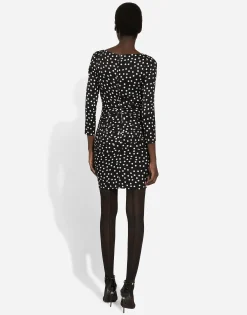 Short charmeuse dress with draped detailing and micro polka-dot print