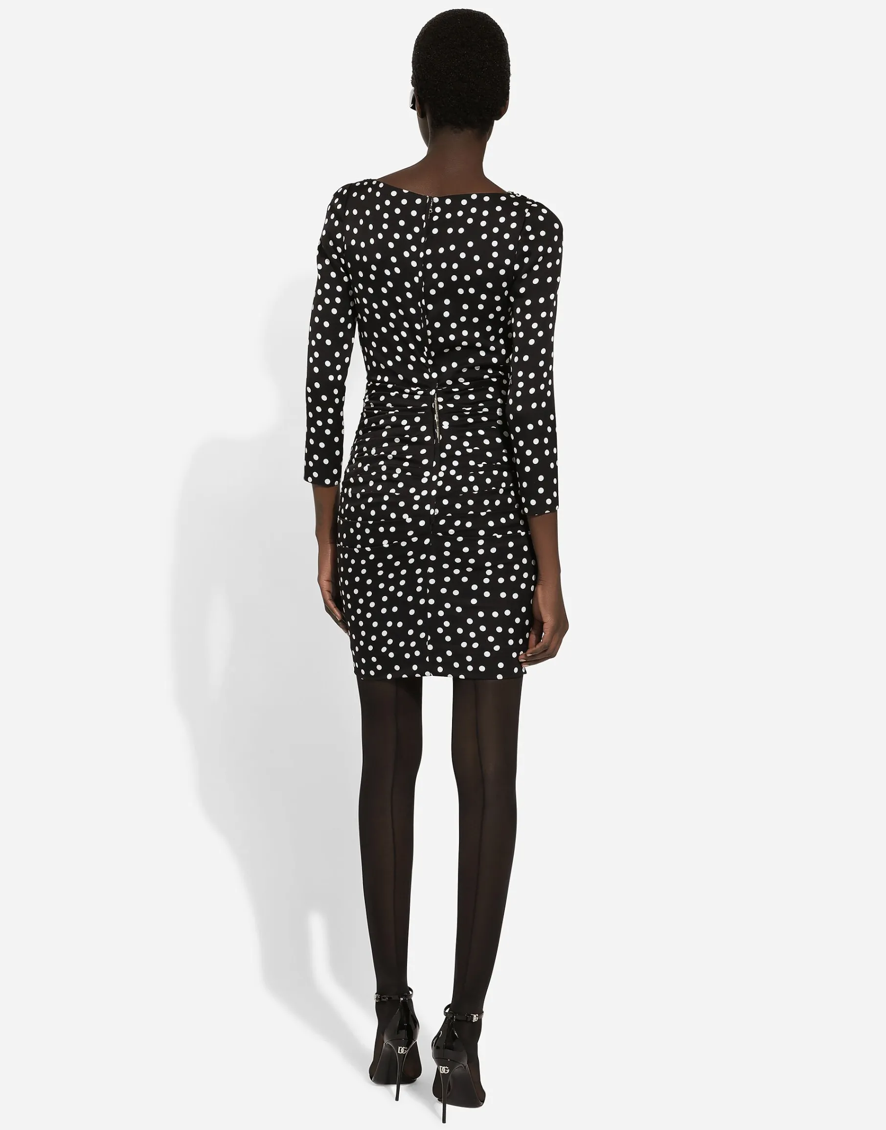 Short charmeuse dress with draped detailing and micro polka-dot print