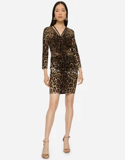 Short charmeuse dress with leopard print and tie