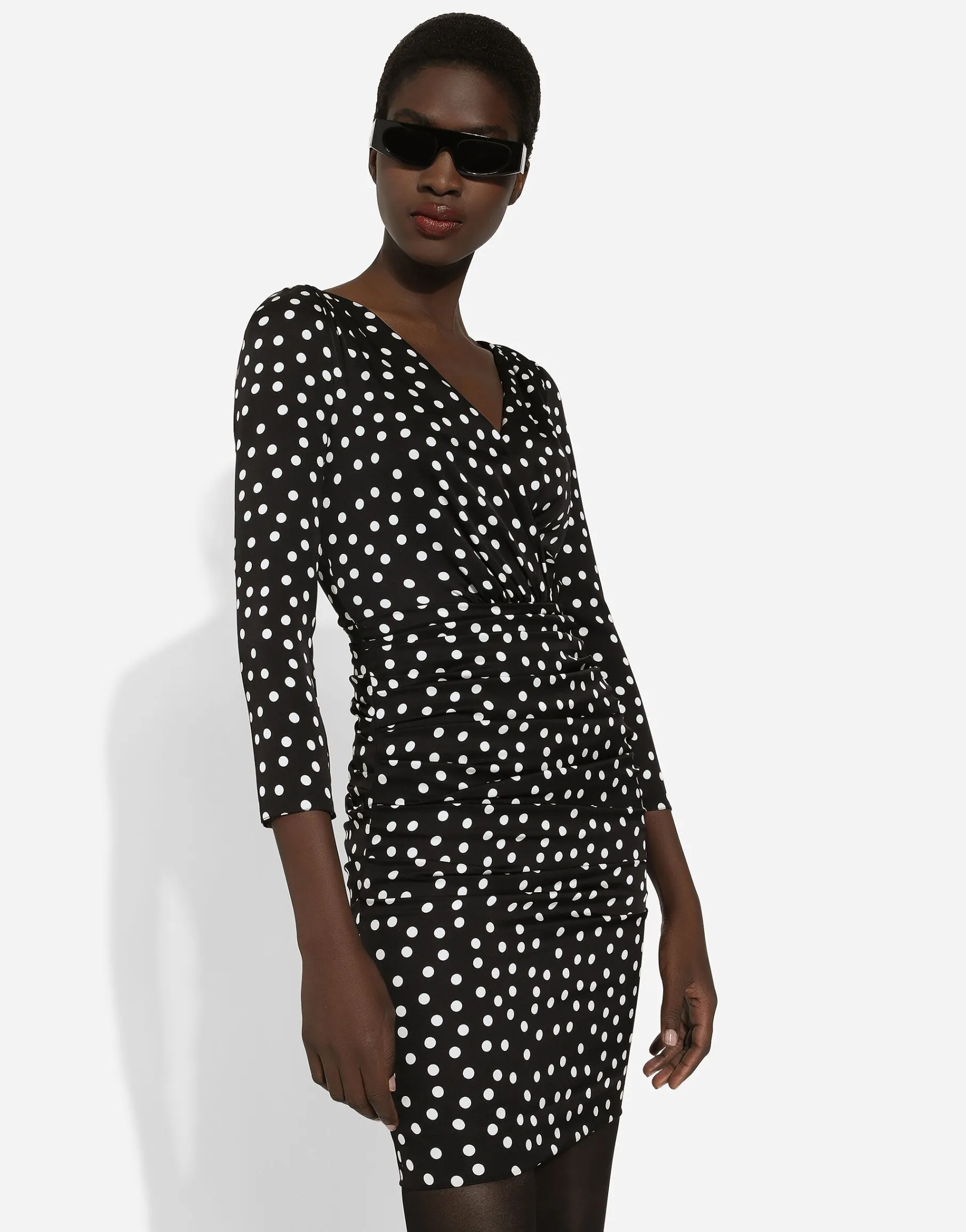 Short charmeuse dress with draped detailing and micro polka-dot print