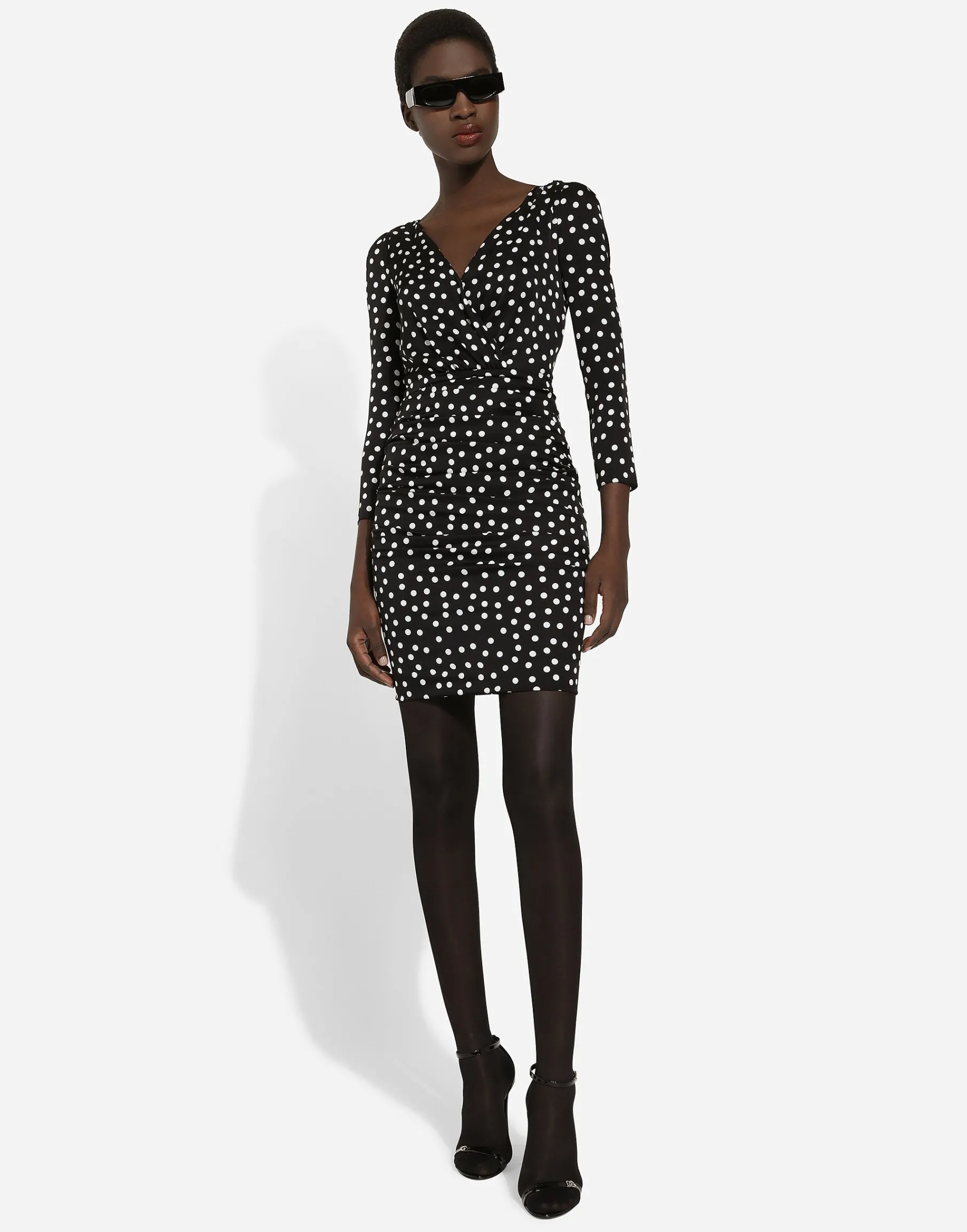 Short charmeuse dress with draped detailing and micro polka-dot print