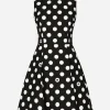 Short cotton rush-stitch brocade dress with polka-dot print