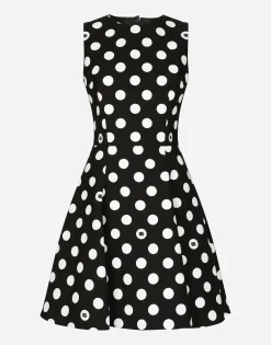Short cotton rush-stitch brocade dress with polka-dot print
