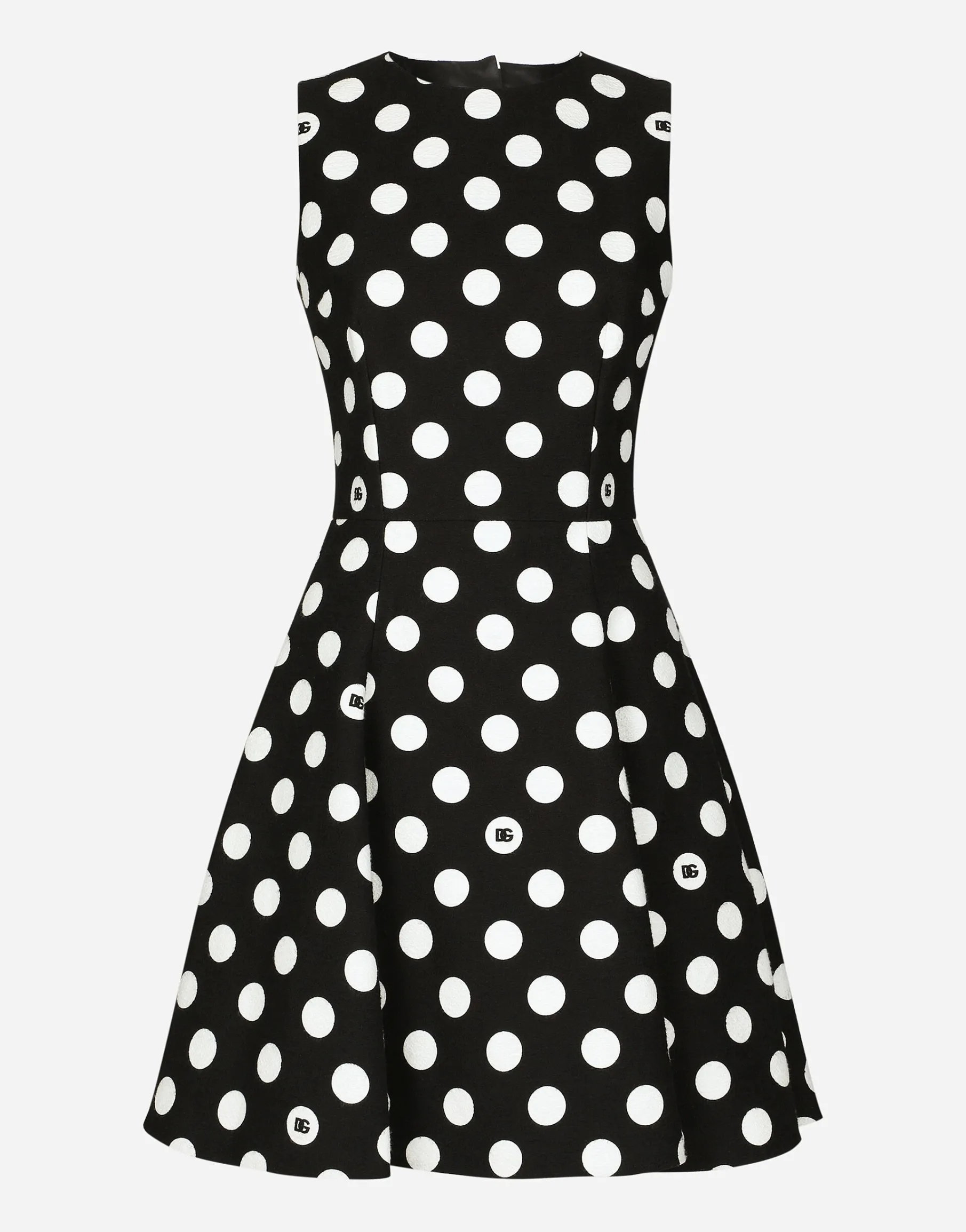 Short cotton rush-stitch brocade dress with polka-dot print