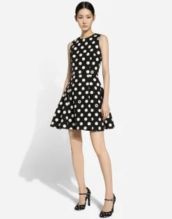 Short cotton rush-stitch brocade dress with polka-dot print