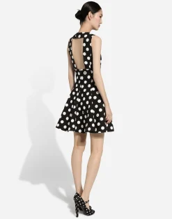 Short cotton rush-stitch brocade dress with polka-dot print