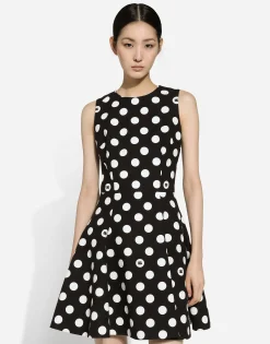 Short cotton rush-stitch brocade dress with polka-dot print