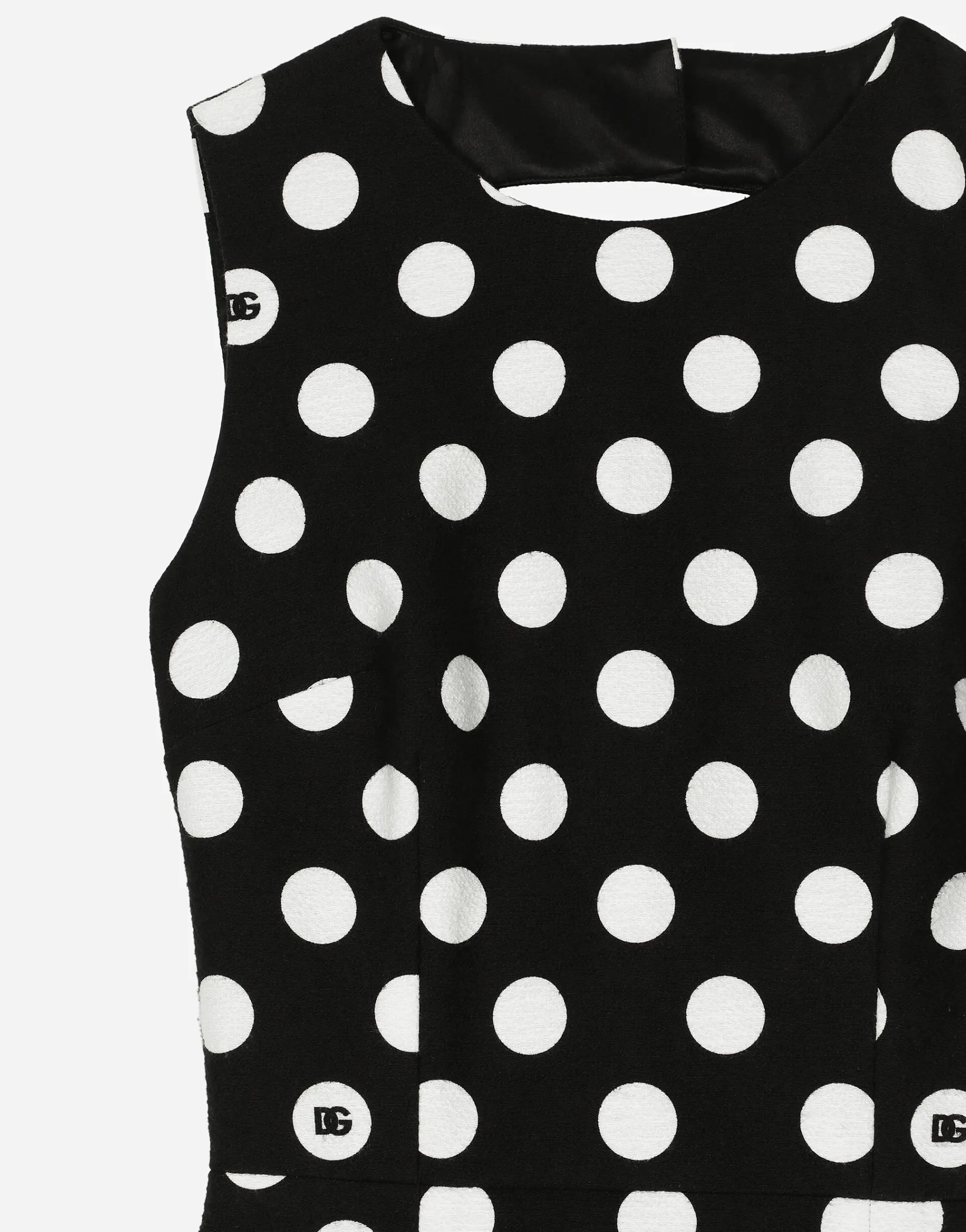 Short cotton rush-stitch brocade dress with polka-dot print