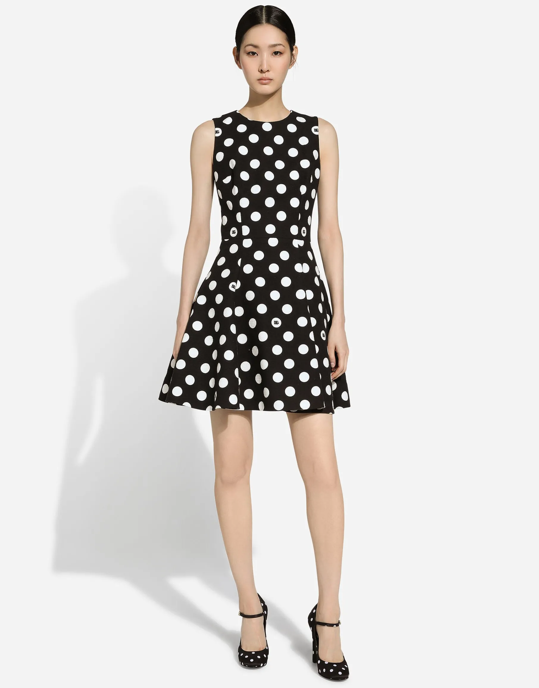 Short cotton rush-stitch brocade dress with polka-dot print