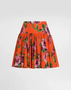 Short cotton skirt with antique rose print