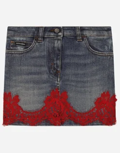 Short denim skirt with lace insert