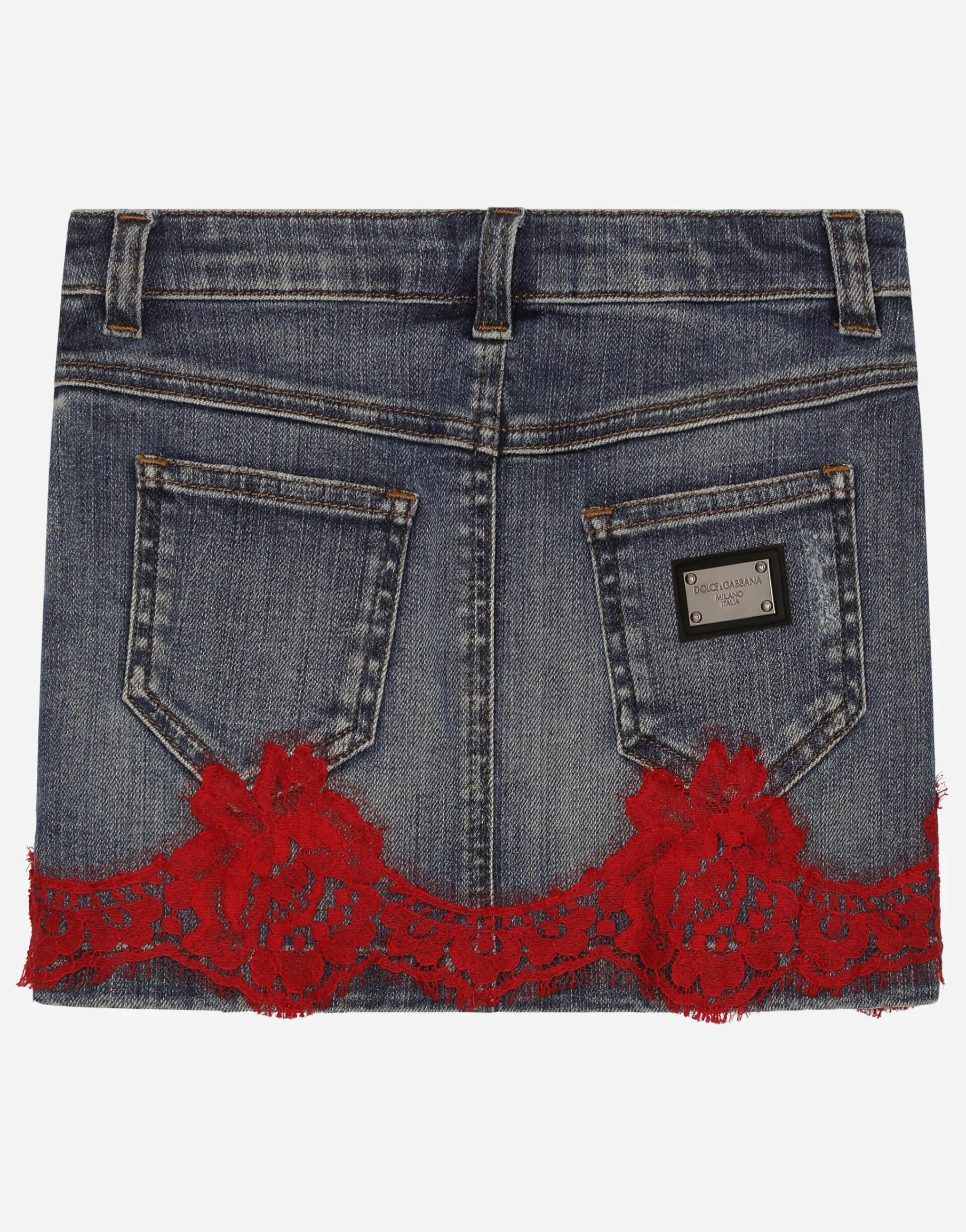 Short denim skirt with lace insert