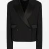 Short double-breasted wool gabardine tuxedo jacket