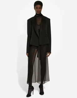Short double-breasted wool gabardine tuxedo jacket