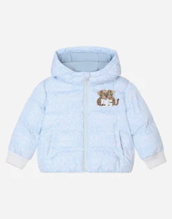 Short down jacket with all-over logo detailing and patch