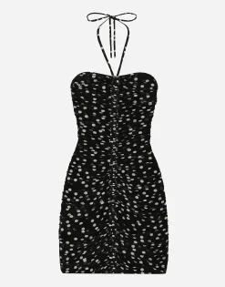 Short draped tulle dress with polka-dot print