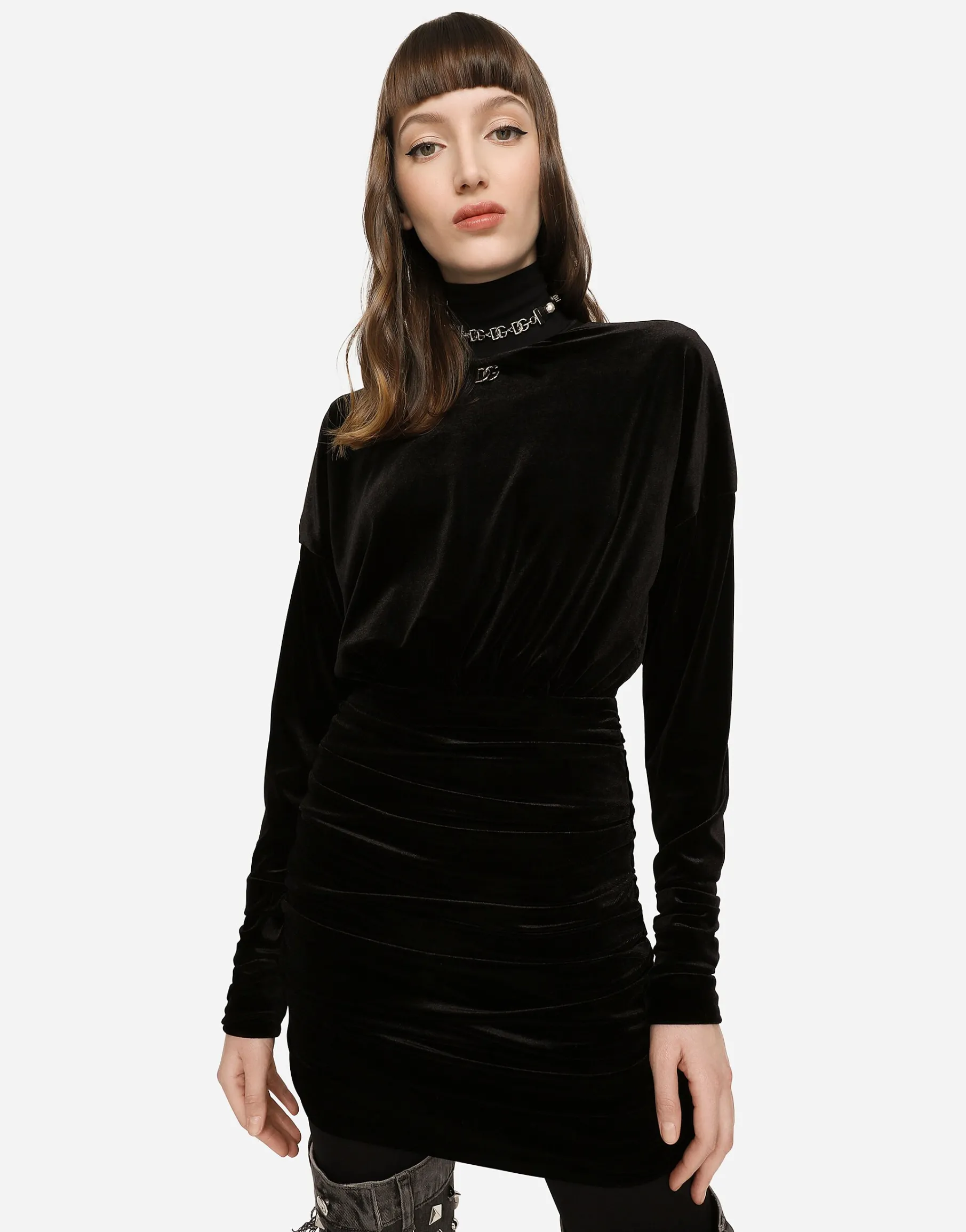 Short draped velvet dress with DG logo