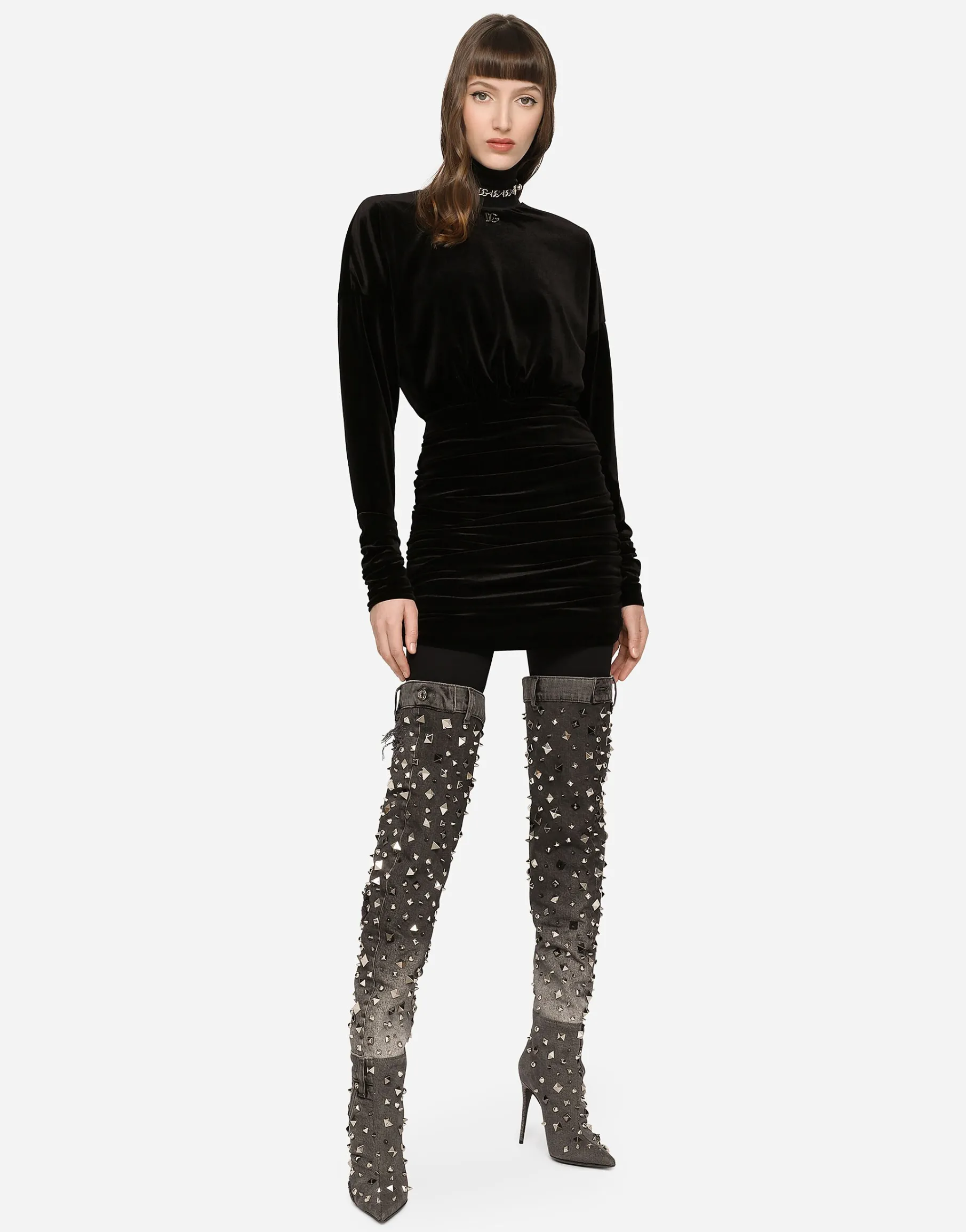 Short draped velvet dress with DG logo