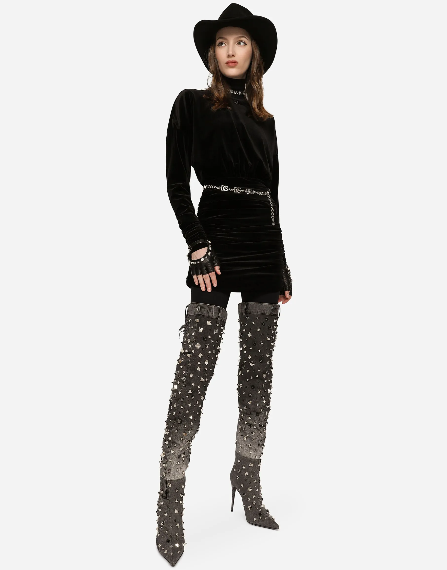 Short draped velvet dress with DG logo